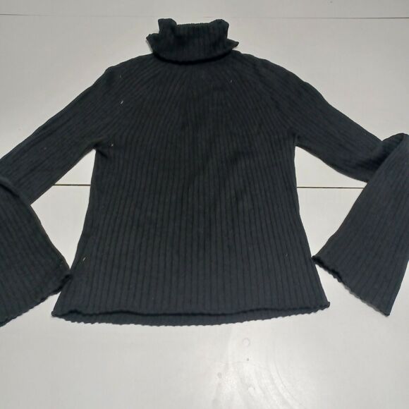 QUE Women Merino Pullover Sweater Black Long Bell Sleeve Turtleneck Cable Knit M - Picture 1 of 12